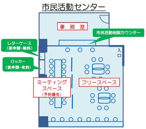 市民活動センター全体図。以下に各スペースの説明を記載しています。レターケースとロッカーはミーティングスペースに設置しています。