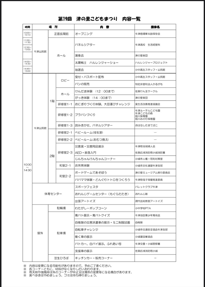 こどもまつり会場で行われる企画の一覧
